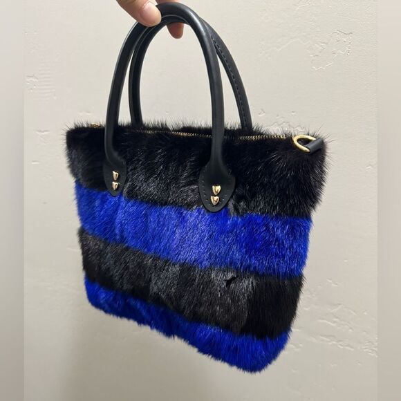 Striped Colorblock Handmade Real Mink Fur Mini Tote, Top Handle Bag, Crossbody - Picture 12 of 16